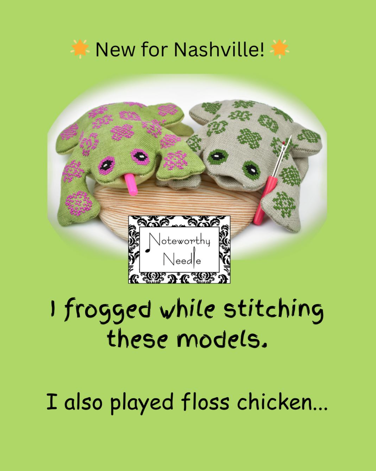 Two green frog-shaped knitting needles with pink accents on a green background, featuring the brand 'Noteworthy Needle'.