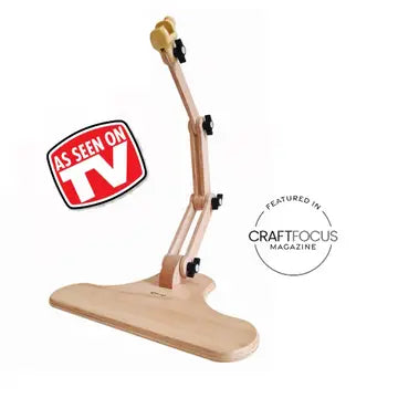 Wooden stand with 'As Seen on TV' and 'Craft Focus Magazine' logos on a white background