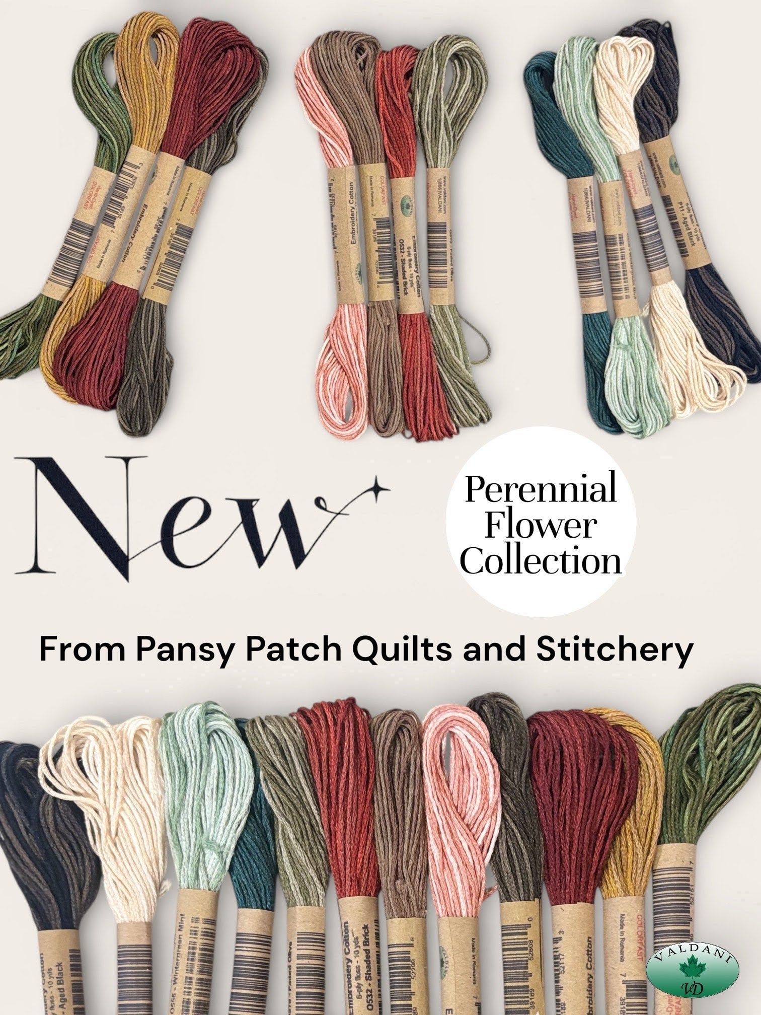 Embroidery floss packages with 'New Perennial Flower Collection' text from Pansy Patch Quilts and Stitchery.