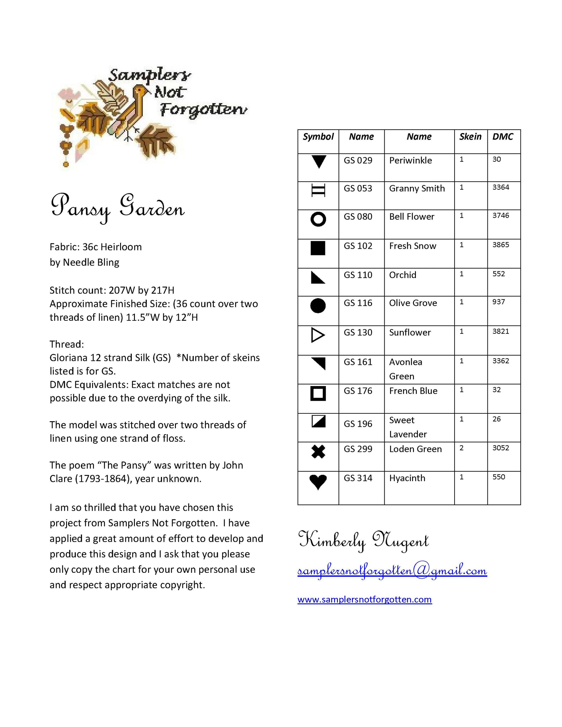 Sampler chart for 'Pansy Garden' with symbols, names, and DMC thread numbers on a white background.