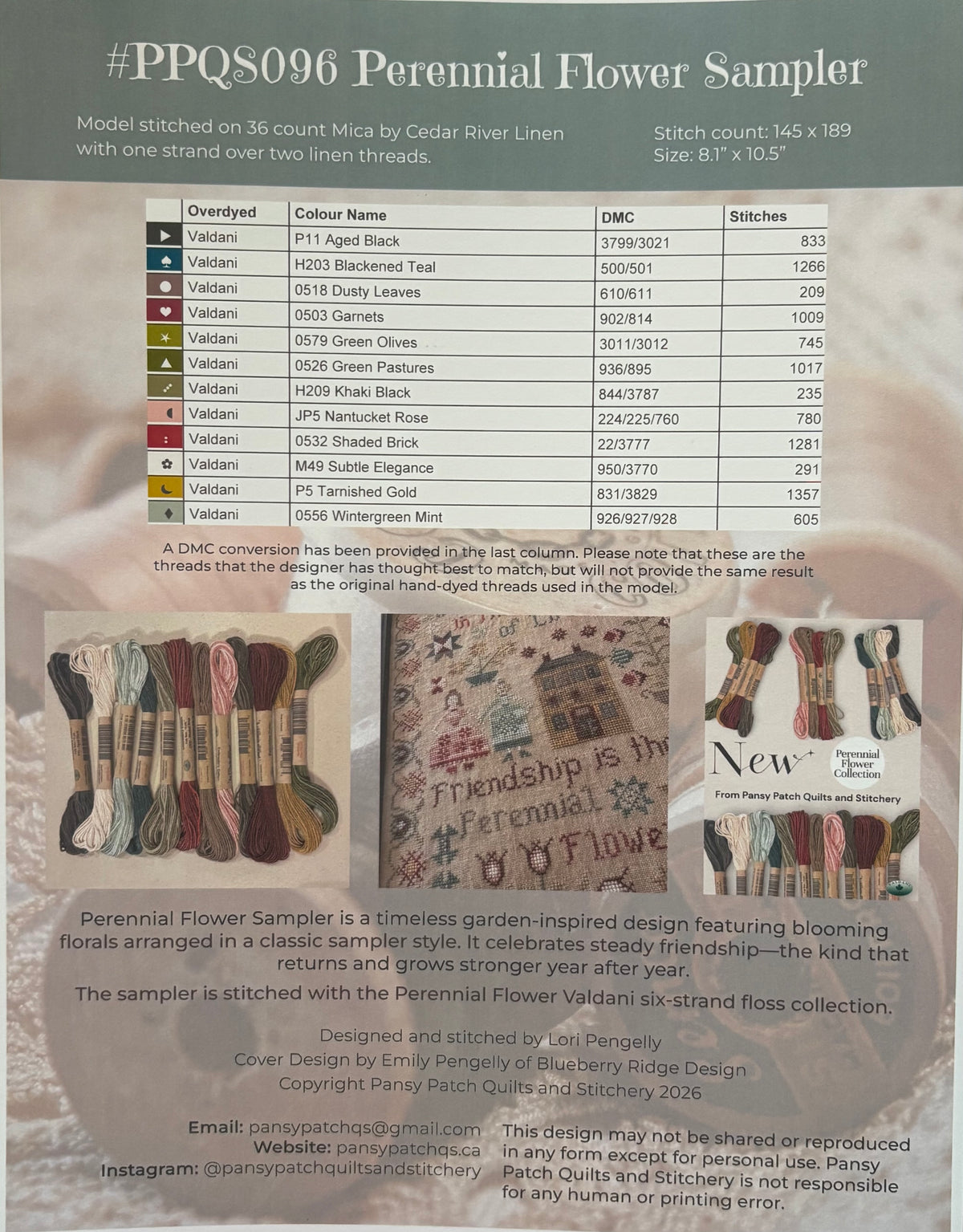 A product information card for the '#PQQS096 Perennial Flower Sampler' by DMC, showing a color and thread options table, a close-up of the finished sampler with floral arrangements, and a description of the product on a light gray background.