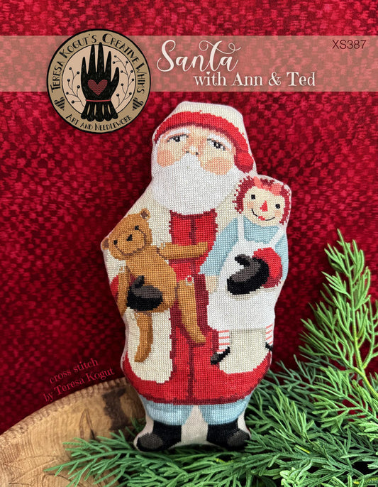 Santa Claus figurine with two children and a dog on a red background, featuring a brand logo.