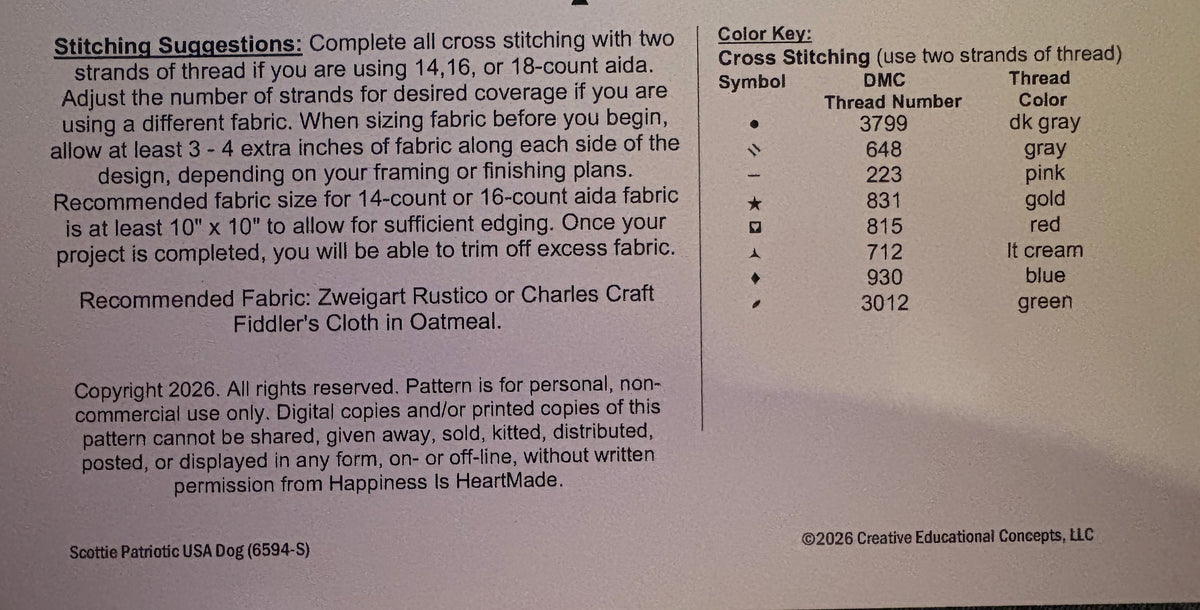 A printed color key and stitching suggestions chart on a white background, showing thread number/color mappings and a small sample cross-stitch pattern.