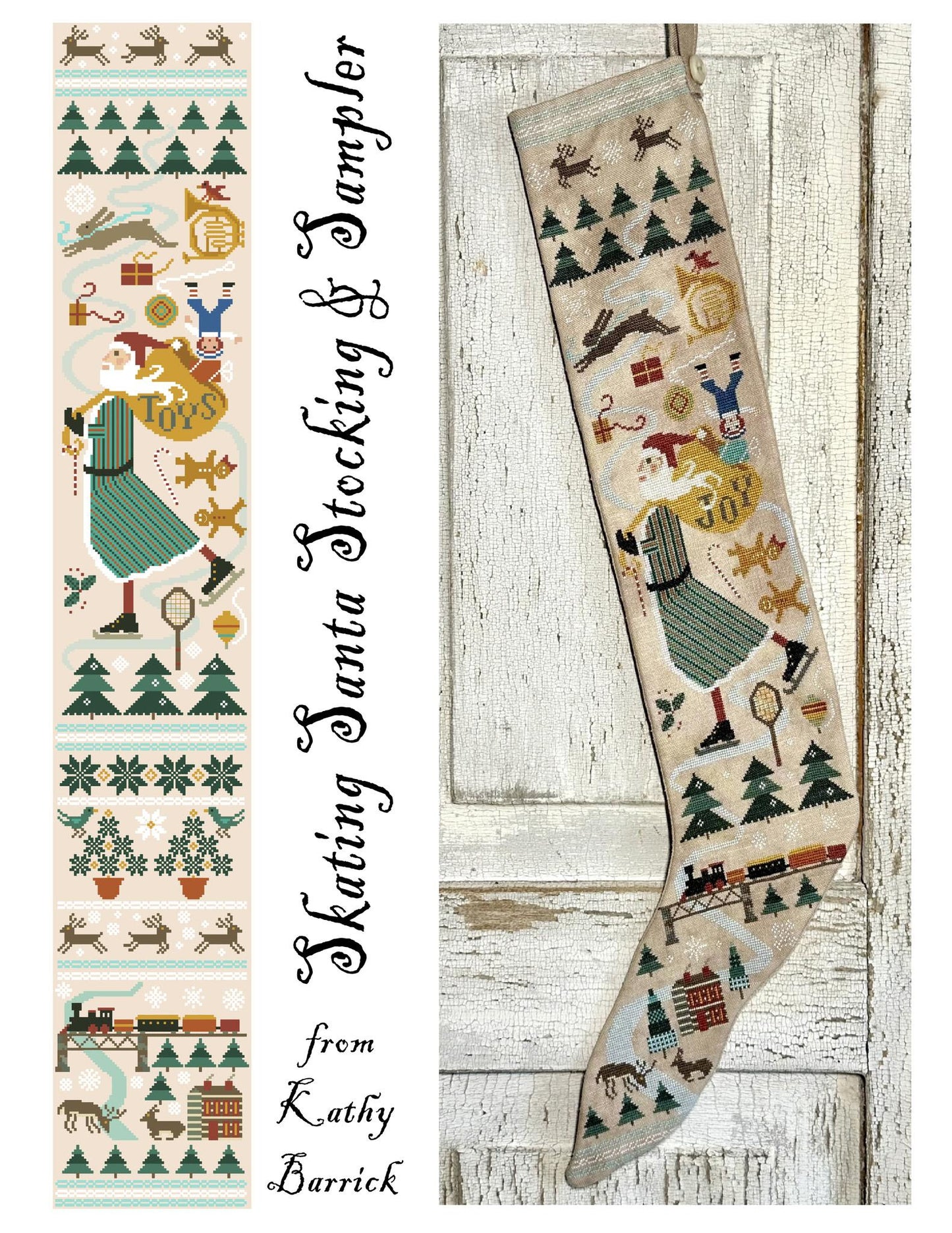 Skating Santa Stocking & Sampler design by Kathy Barrick on a wooden background