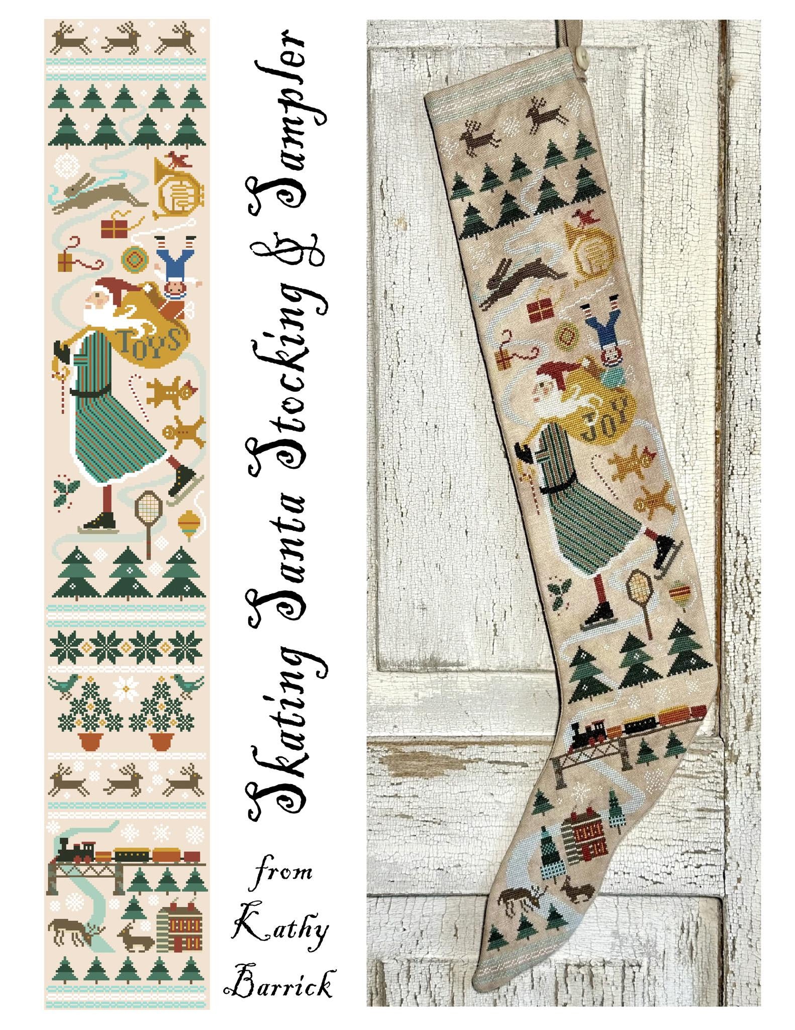 Skating Santa Stocking & Sampler design by Kathy Barrick on a wooden background