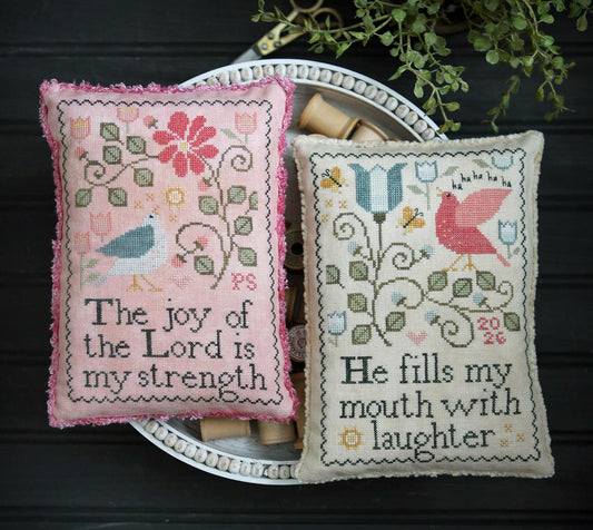Two cross-stitched pillows with decorative patterns and text on a dark background.