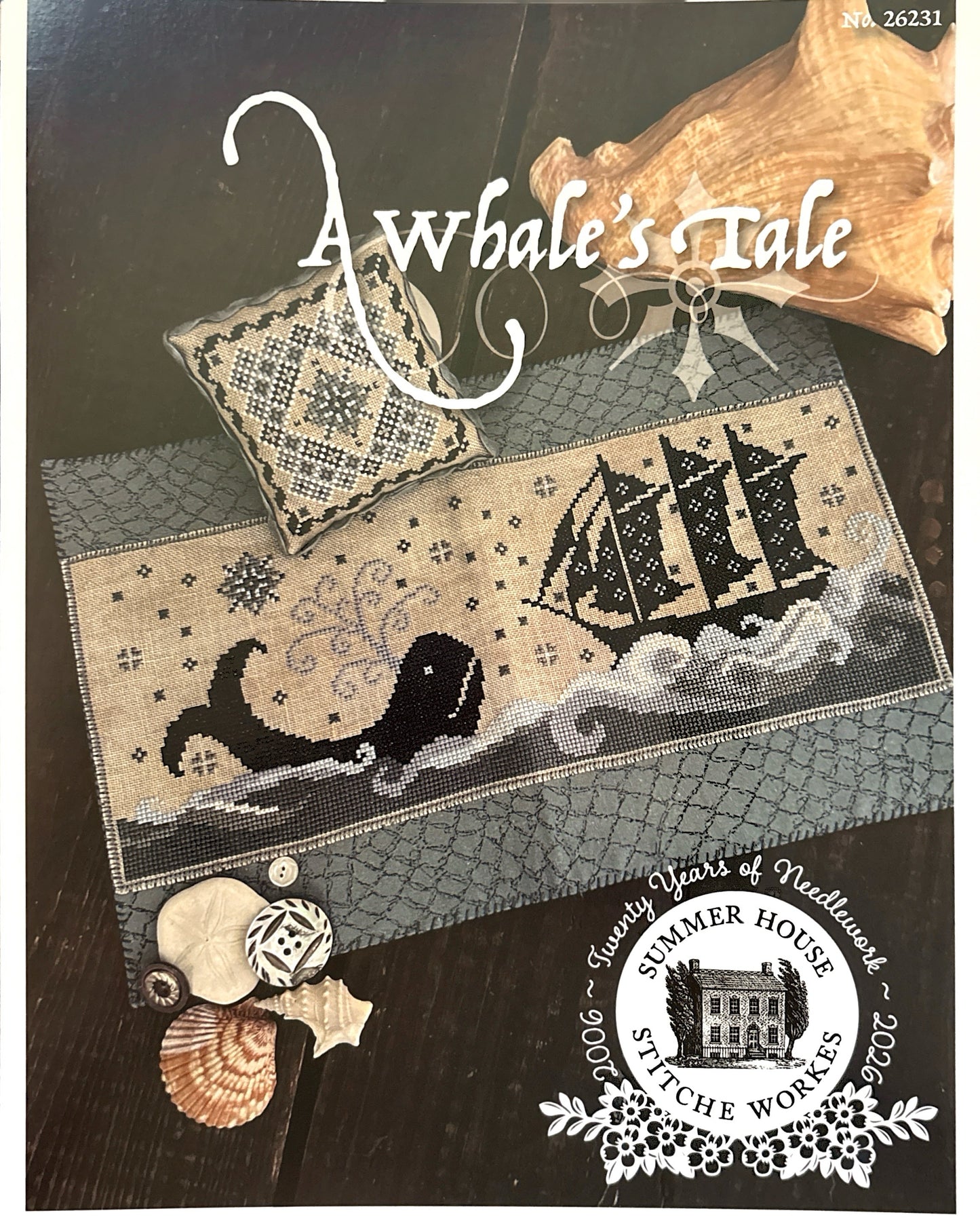 Design for 'A Whale's Tale' with sailing ships and whale illustration, featuring Summer House Needlework logo.