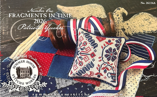 Product packaging for 'Fragments in Time 2026 Patriotic Quilts' with a spool of thread, quilt, and decorative pillow.