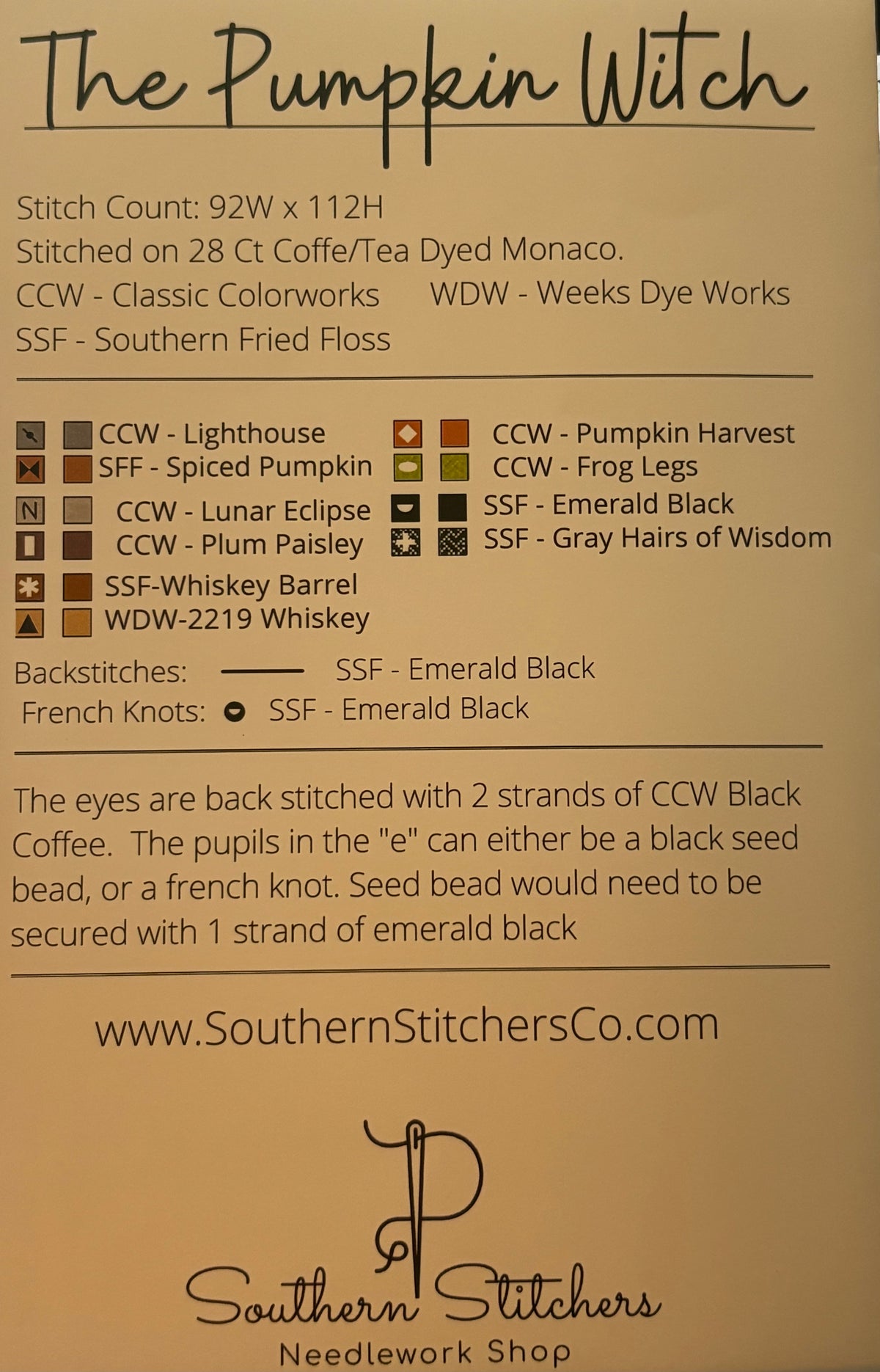 A close-up of a Southern Stitches Co. needlework pattern cover page titled 'The Pumpkin Witch' on a tan paper background, showing stitch count, materials, color codes, backstitching instructions, and the Southern Stitches Co.