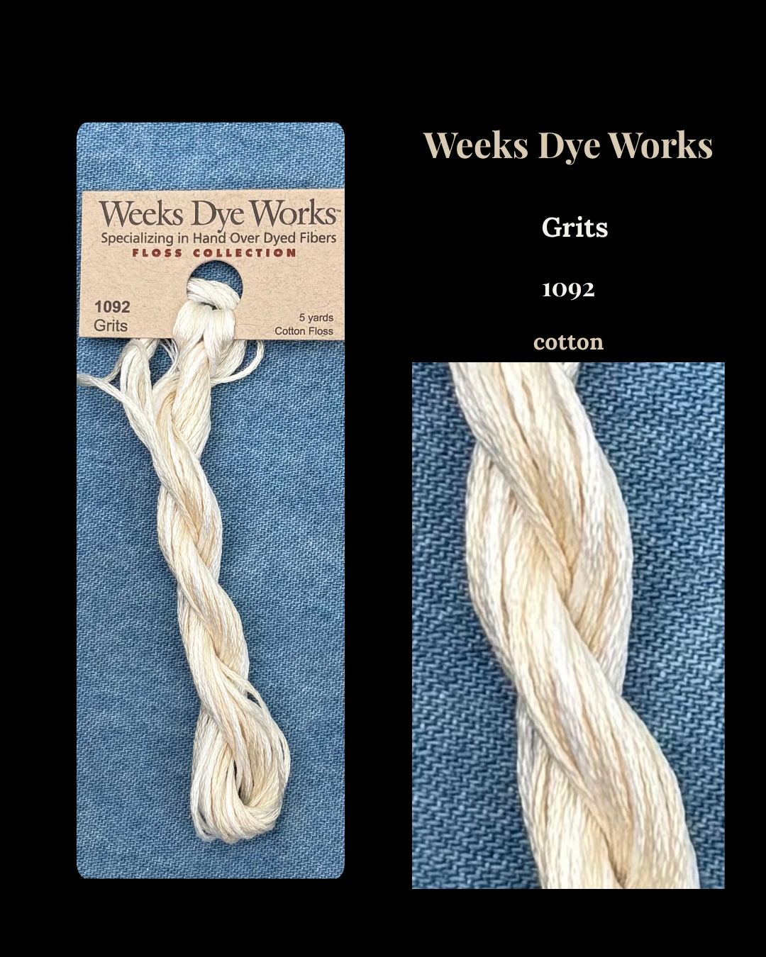 Weeks Dye Works cotton floss package with a sample on a blue background