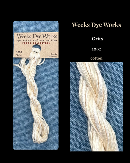 Weeks Dye Works cotton floss package with a sample on a blue background