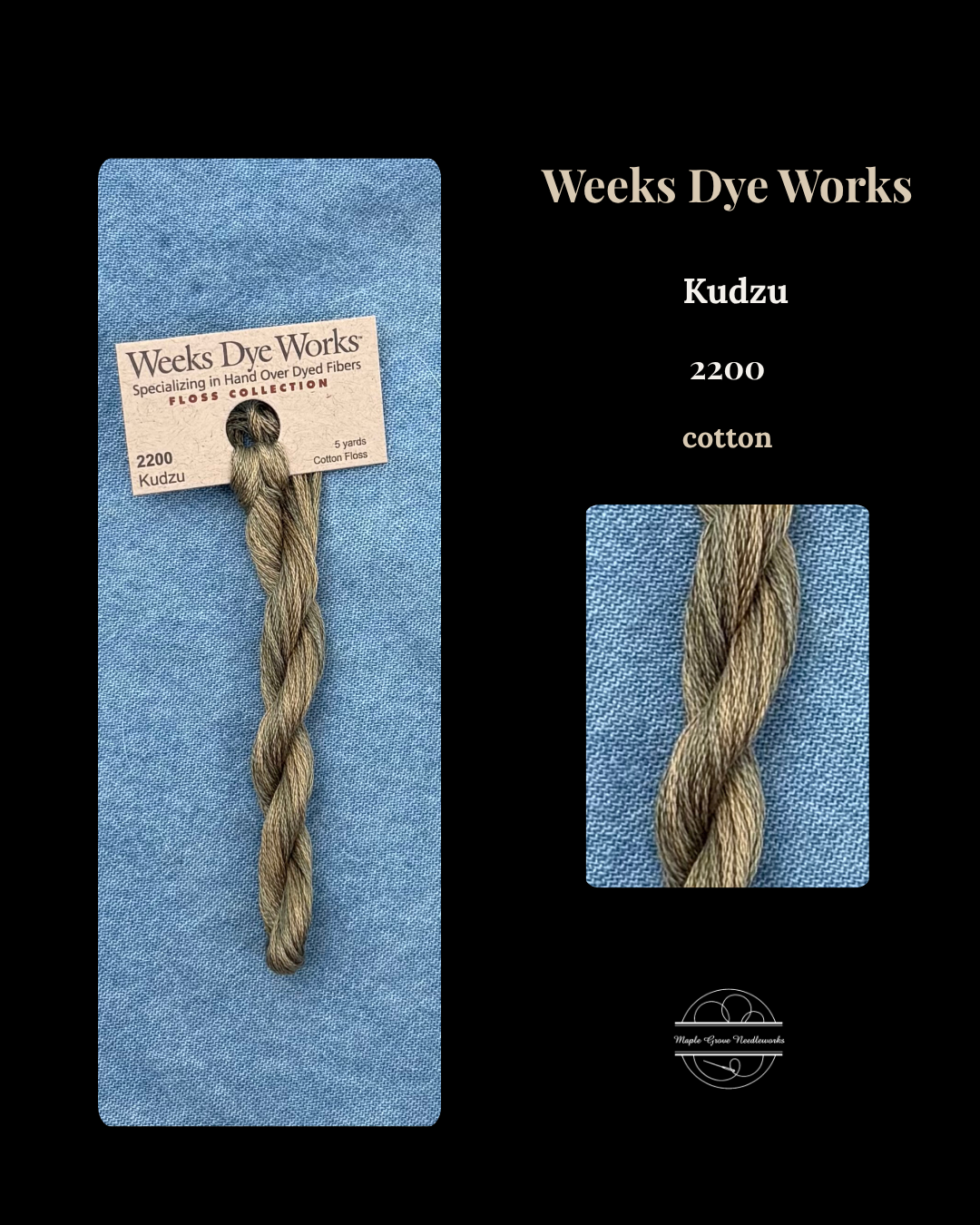 Braided yarn sample with Weeks Dye Works label on a blue background