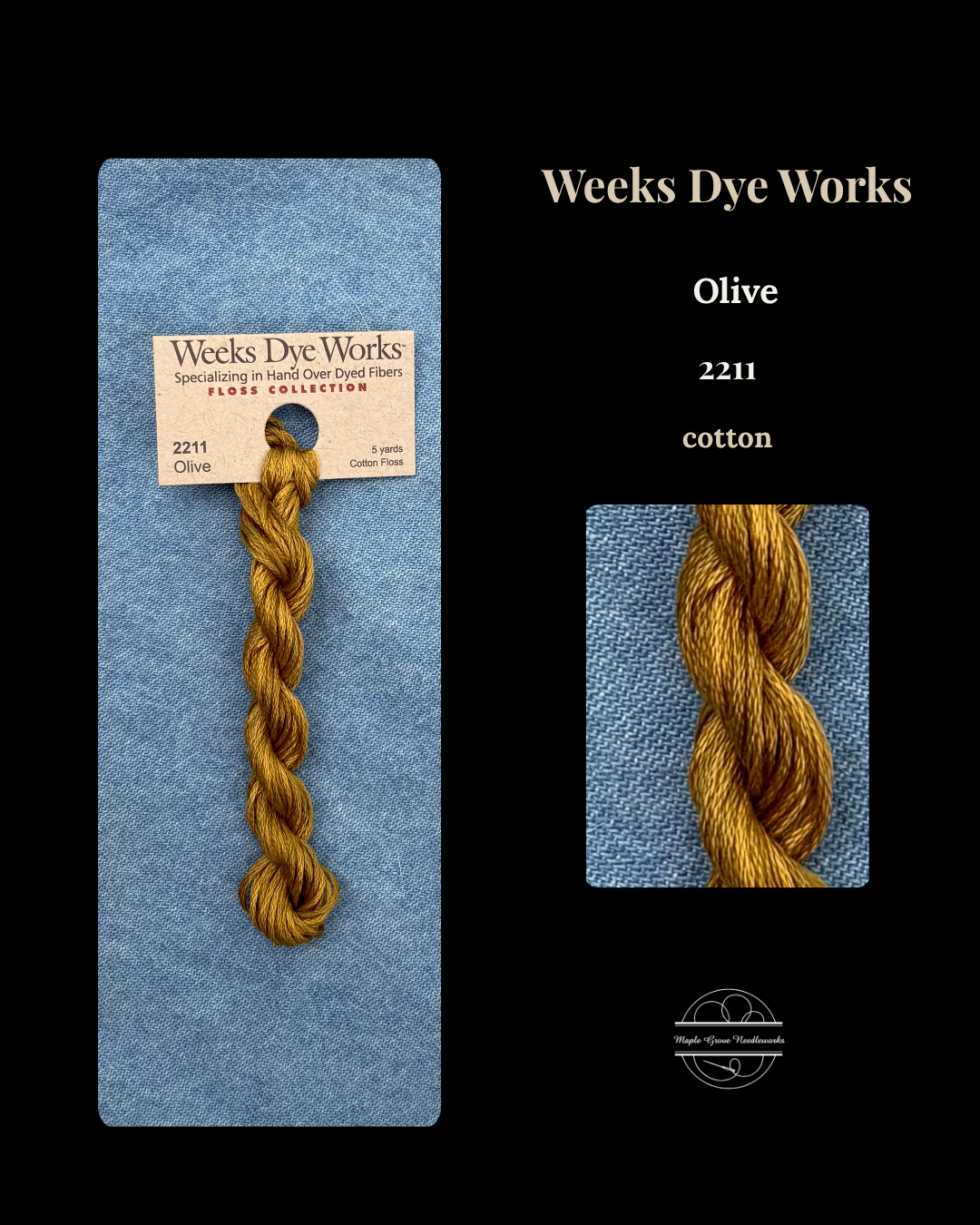 Olive-colored yarn with Weeks Dye Works label on a blue card against a black background