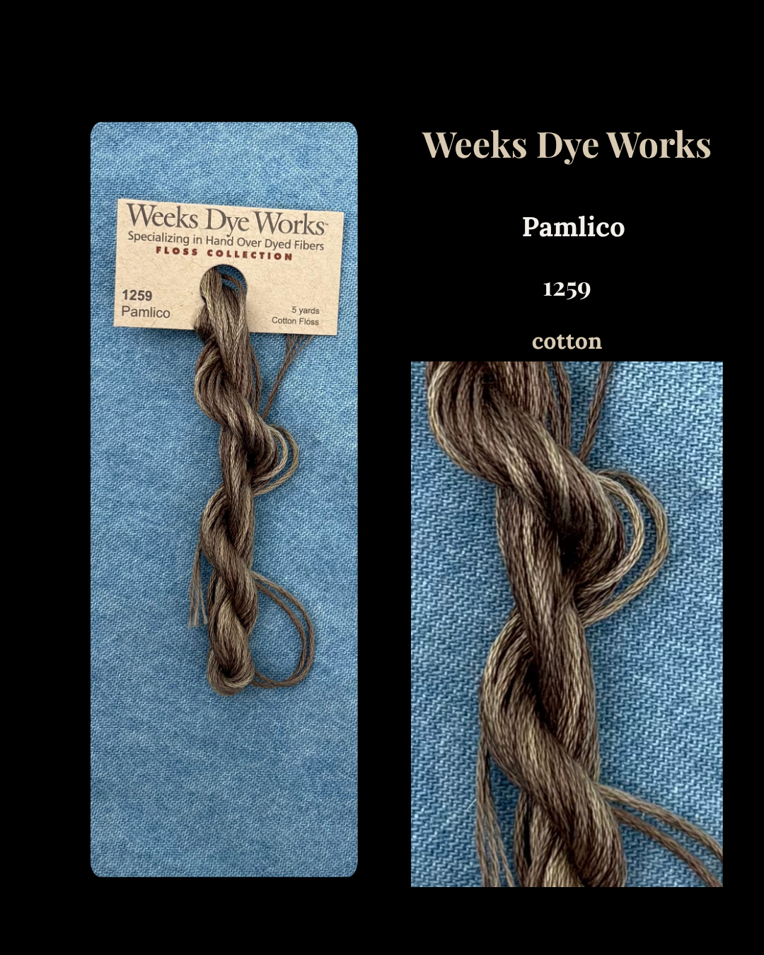 Weeks Dye Works Pamlico cotton thread on a blue background