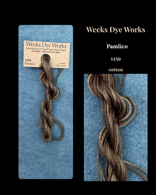 Weeks Dye Works Pamlico cotton thread on a blue background