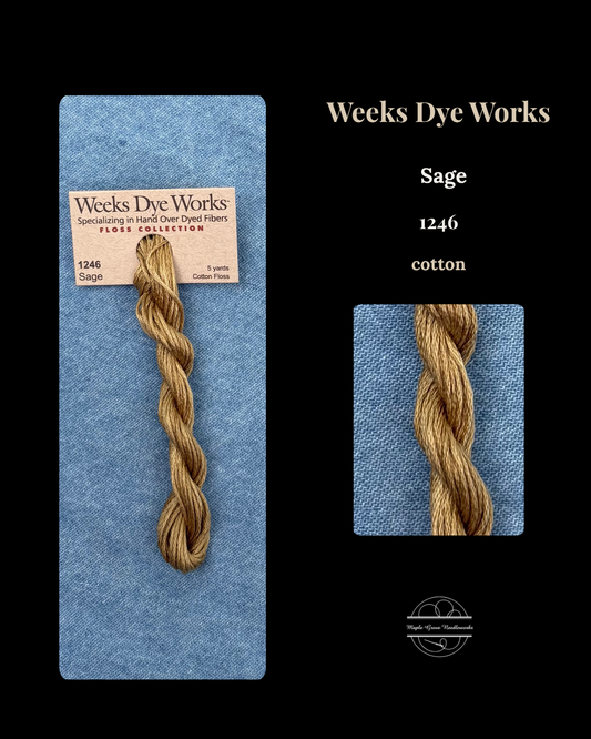 Skein of Weeks Dye Works Sage 1246 cotton yarn on a blue background