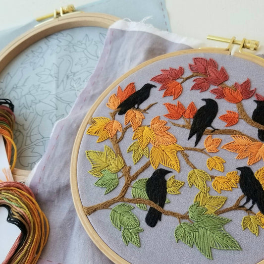 Autumn Birds Hand Embroidery Kit Grey - blue - Maple Grove Needleworks