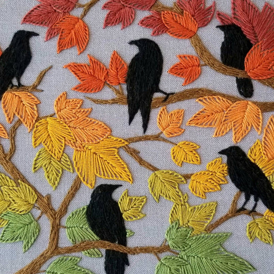 Autumn Birds Embroidery Kit: Grey - blue - Maple Grove Needleworks