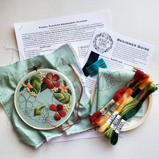 Floral Flourish Embroidery Kit Muted green fabric - Maple Grove Needleworks