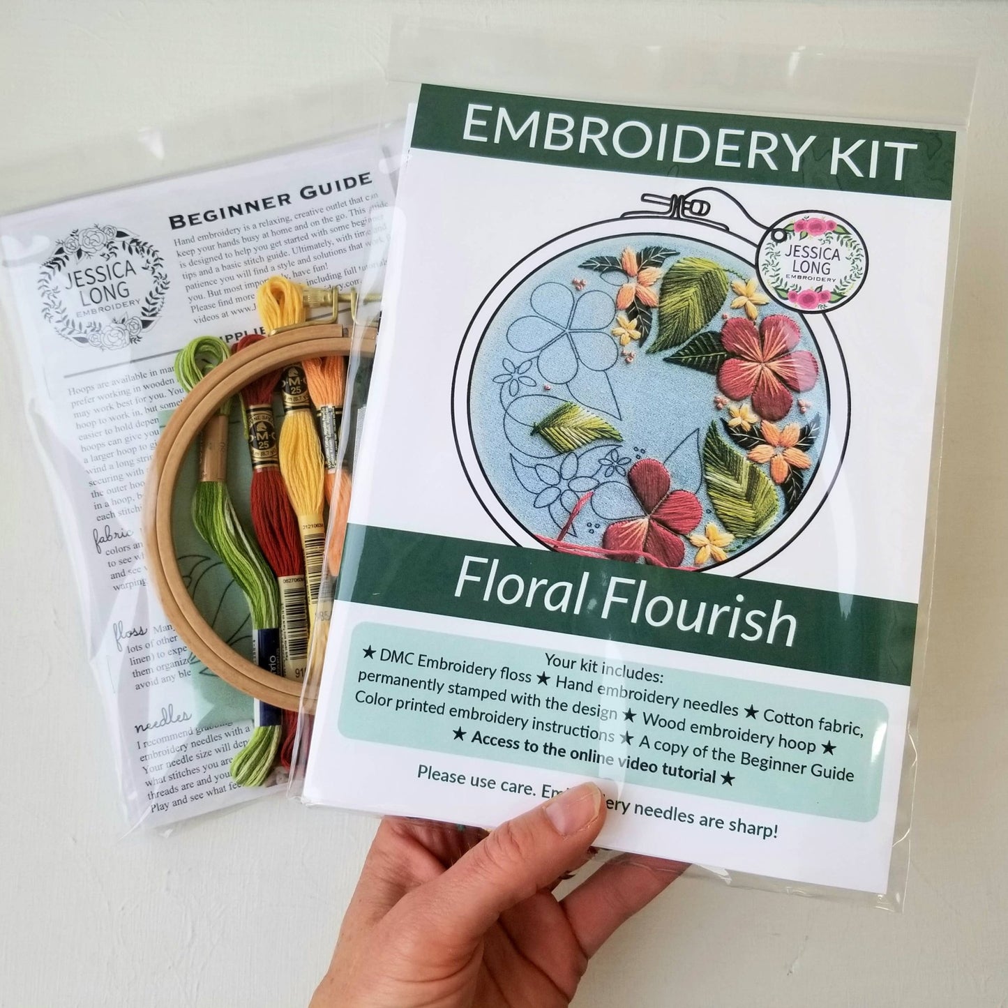 Floral Flourish Beginner Embroidery Kit: Muted green fabric - Maple Grove Needleworks