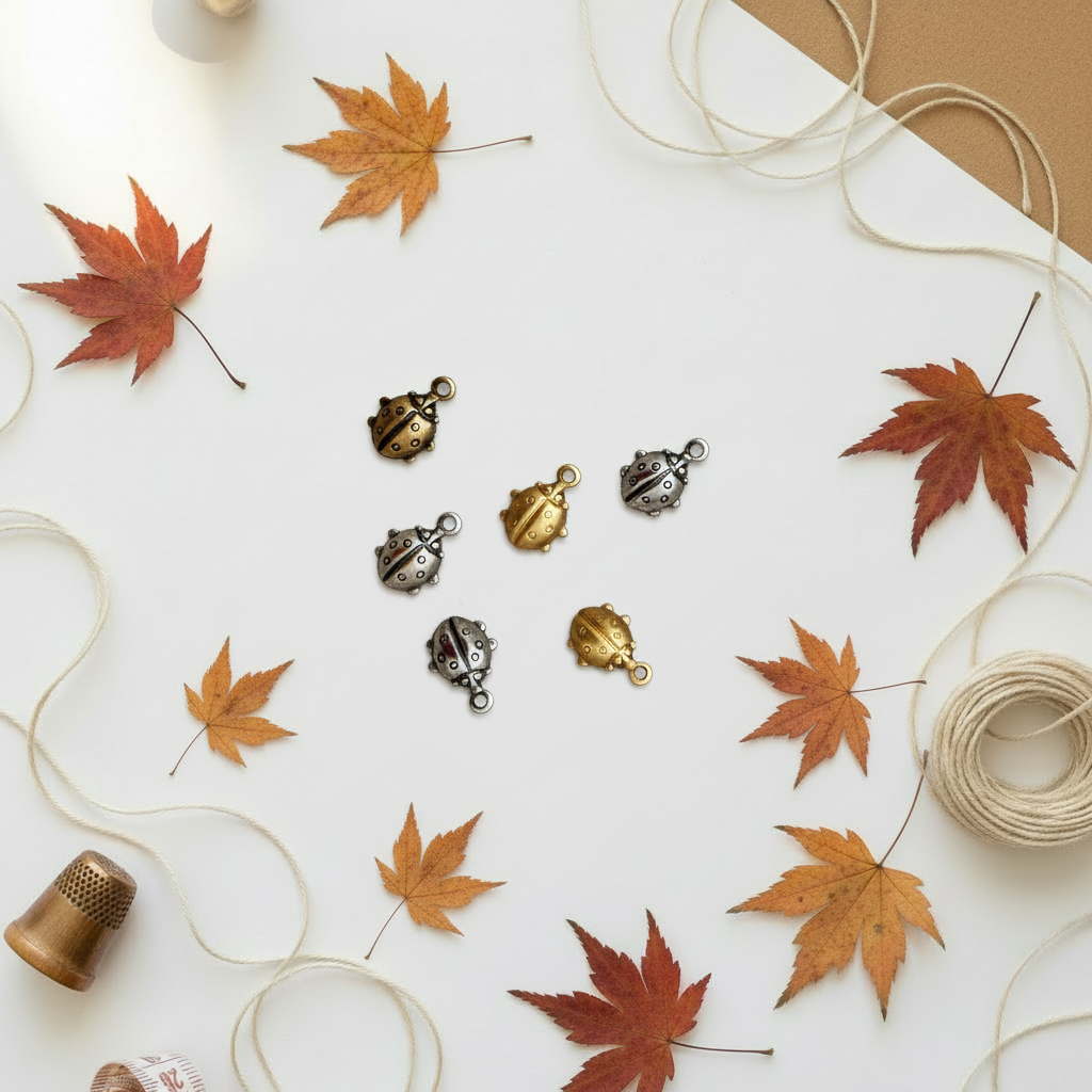 Ladybug charms on autumn background
