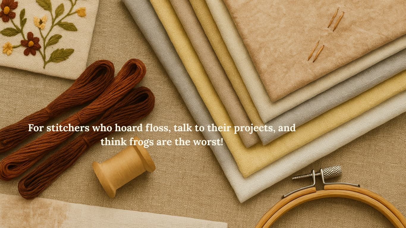 Text on fabric and embroidery floss with a humorous message.