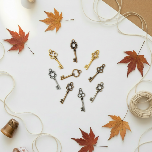 Skeleton key charms on autumn background