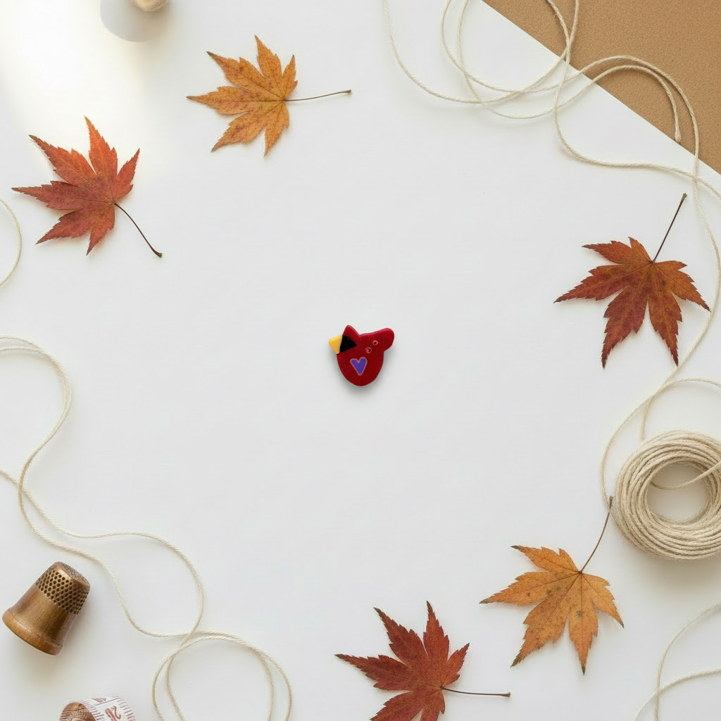 Small cardinal button on autumn background