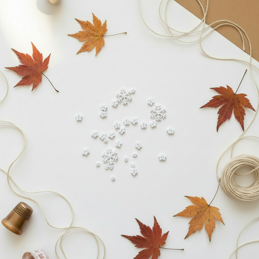 White snowflake buttons on autumn background